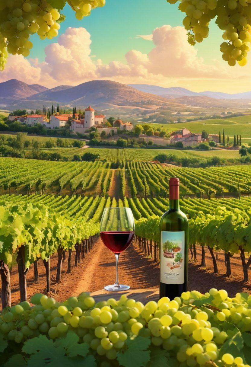 A whimsical illustration showing a winding vineyard landscape transitioning into a colorful animated film scene. Grapes are morphing into animated characters with film reels rolling in the background. The scene captures the essence of both wine and animation, blending lush green vineyards with bright cartoonish elements. Include playful details like a wine bottle with a film strip label. vibrant colors. cartoon style.