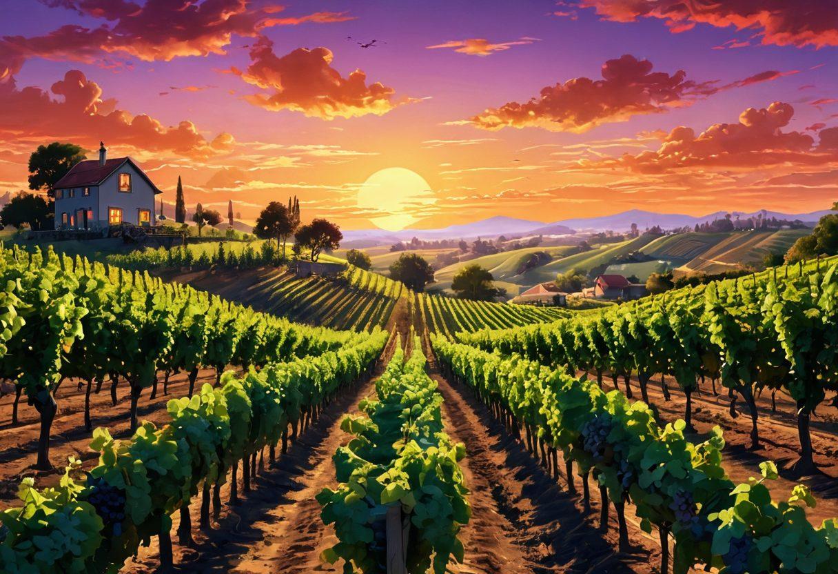 A whimsical scene featuring a vineyard with lush grapevines under a vibrant sunset, where animated characters are joyfully sipping wine and smiling, surrounded by cartoonish animation tools and film reels. The atmosphere is filled with joyful expressions and playful elements representing both viniculture and animation. A soft, dreamlike quality blends the two worlds together. vibrant colors. cartoon style.