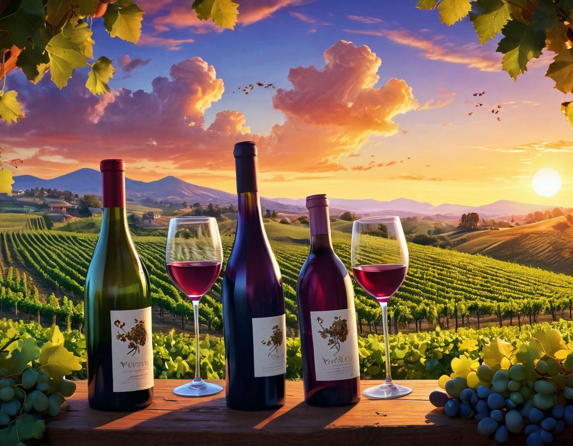 A whimsical scene that captures the joy of viniculture blending with animation. Show a vineyard with grapes glistening in sunlight, alongside animated characters pouring wine into glasses, their expressions full of cheer. Incorporate playful elements like cartoonish vines and bottles with animated faces, all set against a vibrant sunset sky. The composition should evoke feelings of happiness and celebration. colorful illustration. playful style. sunset hues.
